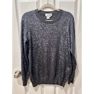 Spiegel Silk Cashmere Blend Sequined Pullover Sweater Charcoal Gray Medium